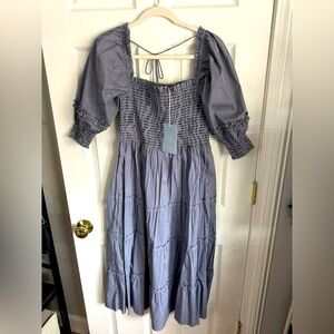 Hill House Navy Gingham Nesli Blue Smocked Tie Back Midi Dress